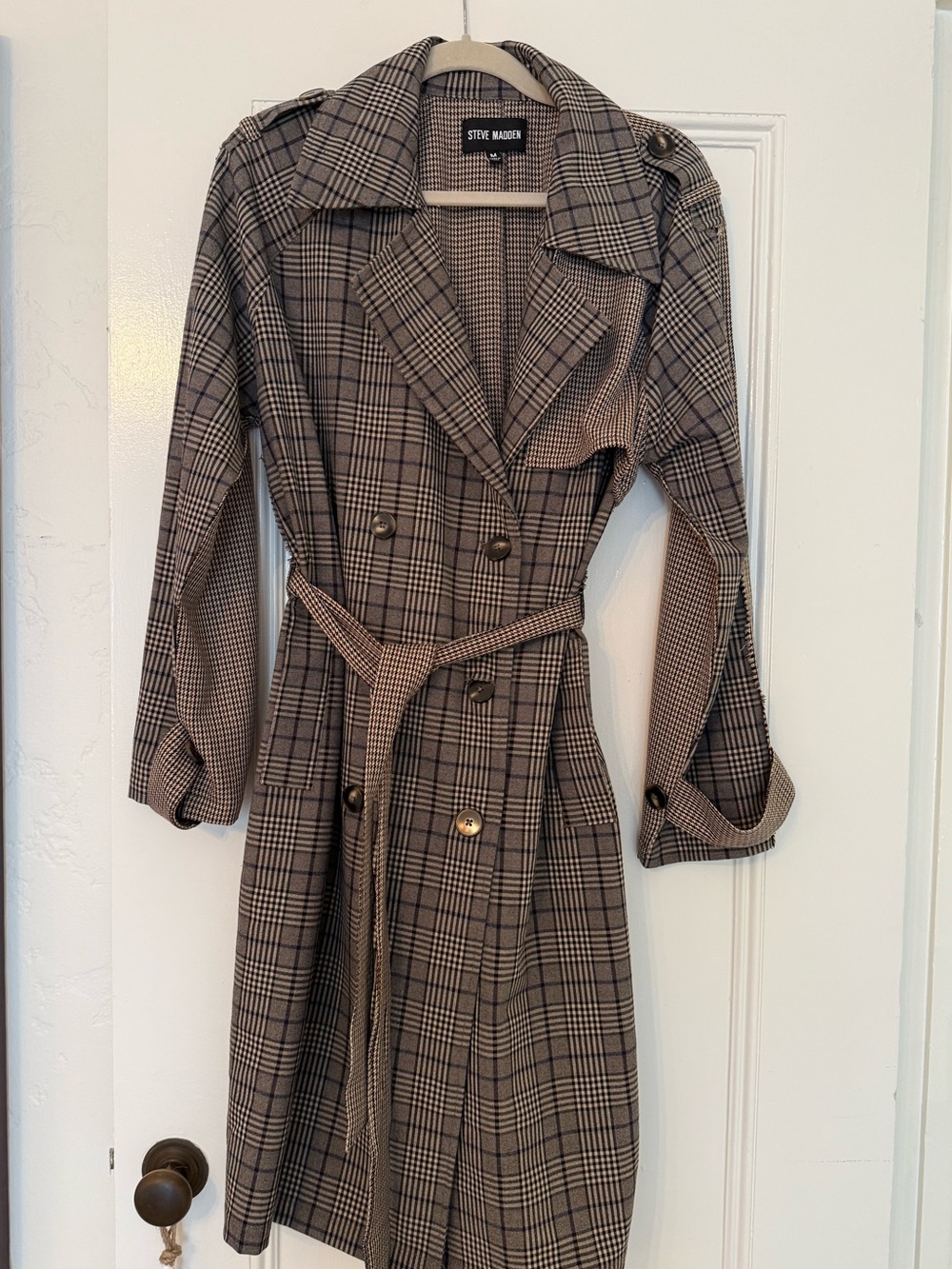 Steve Madden Houndstooth and Plaid Double-Breasted Trench Coat in Brown